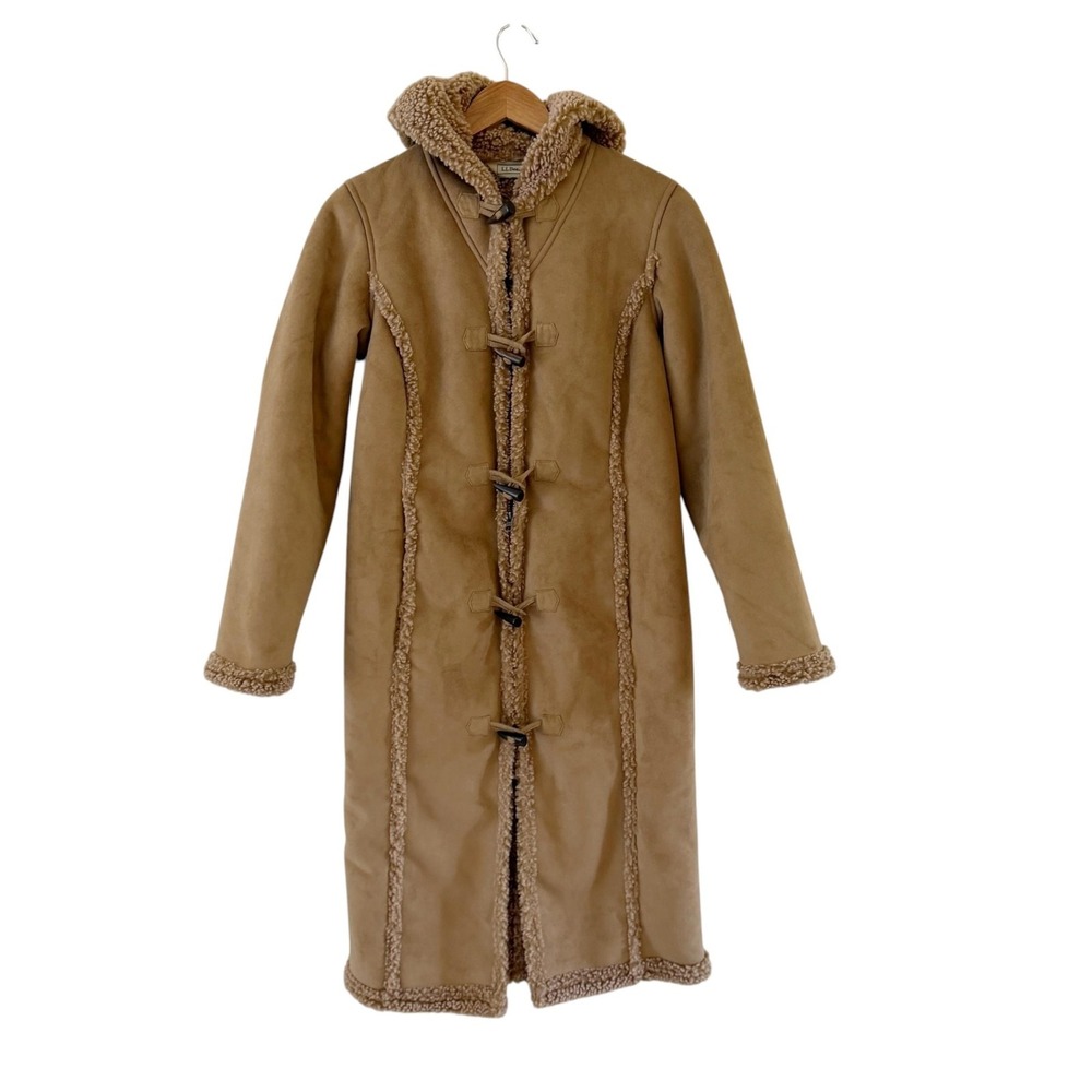 L.L. Bean Faux Shearling Hooded Coat Womens S Brown Toggle Duffle Warm NWT